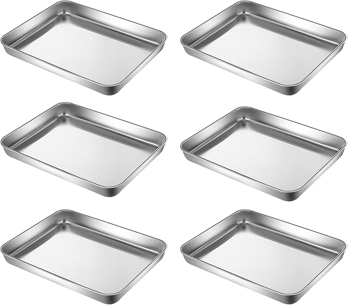 HYTK Small Cookie Baking Sheet Pans Stainless Steel 304 Tiny Serving Tray 12.4 x9.6 x1.1Inch (Diagonal 14.8) No Rust Dishwasher Safe Bakeware 6 Pack