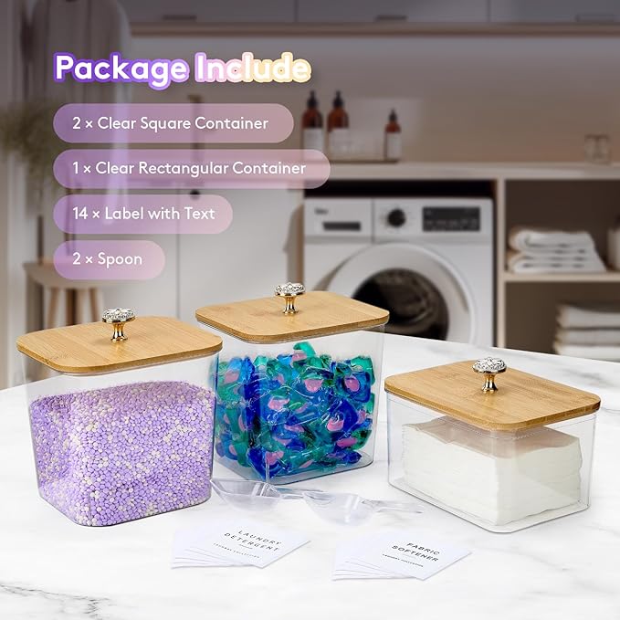 3 Pack Laundry Room Organization Storage Containers Acrylic Laundry Pod Containers and Dryer Sheet Holder with Lids and Labels for Laundry Detergent Laundry Pods Dry Sheet Organizing