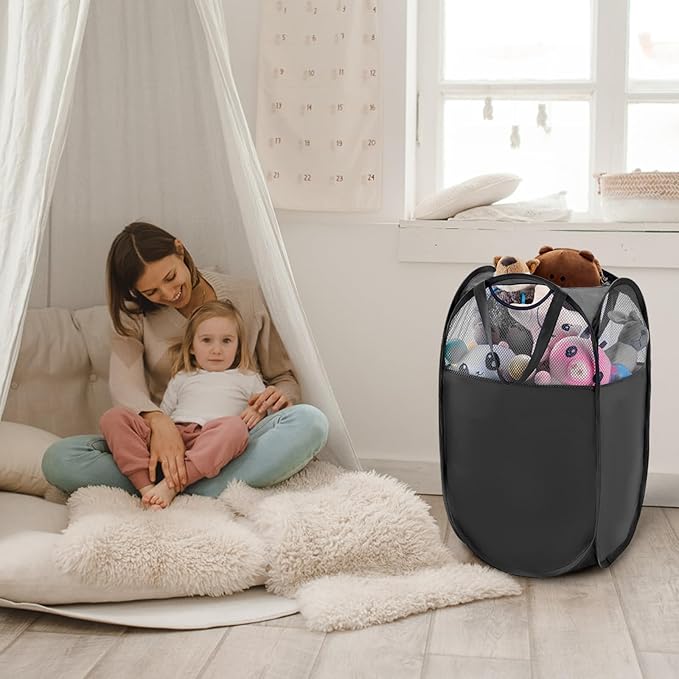 TECHMILLY Pop Up Foldable Laundry Basket, Mesh Laundry Hamper with Reinforced Handles for Dirty Clothes Storage in Dorm, Laundry Room, Bathroom, Black(Fabric), 2 Pack