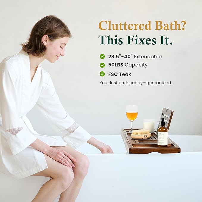 Teak Bathtub Tray, Bath Caddy with Wine Glass Holder, Phone Dock & Book Stand | Hands-Free Reading & Ultimate Spa Relaxation Experience-Brown