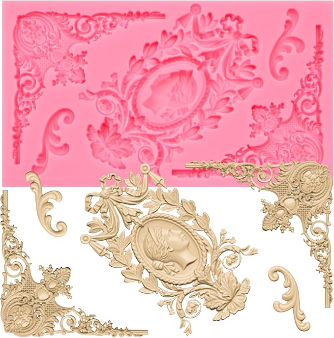 Baroque Decorative Silicone Fondant Mold, Vintage Floral Scroll Pattern, Pink