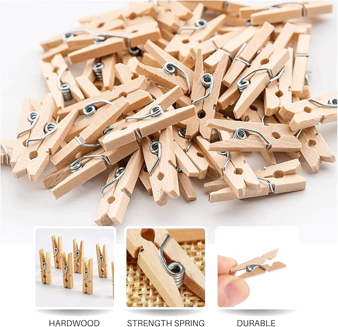 Mini Clothes Pins for Photo, Small Clothespins 200 pcs 1" Natural Wooden Clothespins with Jute Twine, Mini Photo Clips,Small Clothes Pins for Photos, Crafts, Arts, Cocktails
