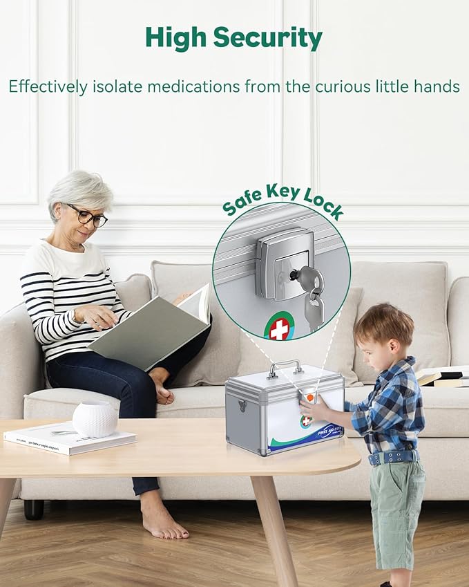 Uniclife Medicine Lock Box First Aid Box with Key Lock, Handle & Shoulder Strap Portable Medication Lockable Kit Metal Lockable Medicine Storage Security Lock Boxs for Medications, 12" x 7" x 7.5"