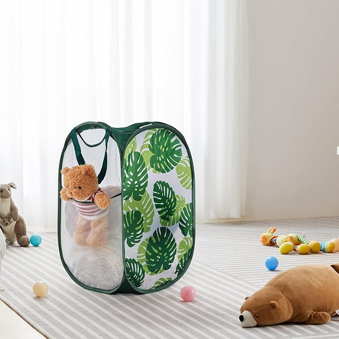 TECHMILLY Collapsible Mesh Pop Up Laundry Hamper with Sturdy Handles and Side Pocket - Portable Foldable Clothes Baskets for Dorm, Bathroom & Travel Storage (Green Leaf, 3 Packs)