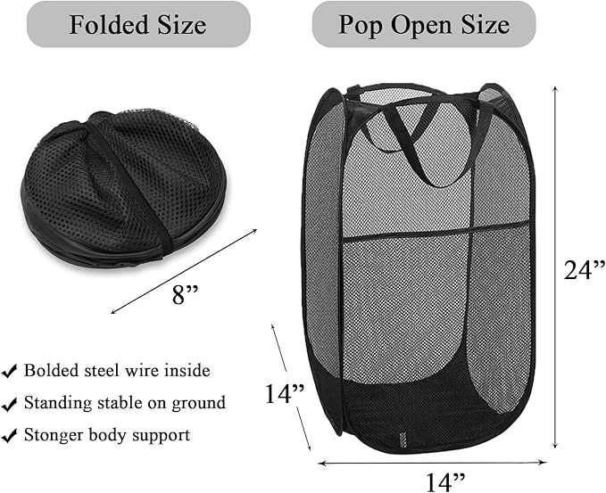 Larpur 3 Pack Pop Up Laundry Hampers, Collapsible Mesh Laundry Baskets, Portable Foldable Clothes Hampers for Dorm, Home, Bedroom, Bathroom, RV Cruise, Black