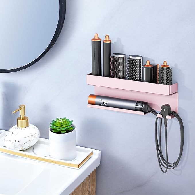 Storage Hair Dryer Holder for Curling Iron Accessories, Hair Tool Organizer Wall Mount, Curling Iron Holder, Bathroom Hair Straightener Holder Stand for Styler Attachments Organizer, Rose Gold