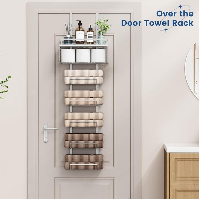 Towel Racks for Bathroom Over The Door Towel Racks Towel Storage Organizer with Metal Shelf Basket for Bathroom Rv Camper (7-Tier Silver)