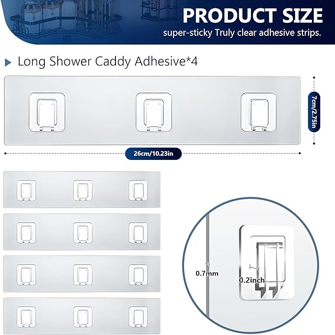 Shower Caddy Adhesive Replacement Hooks, Strong Waterproof Strips, No Drilling for Bathroom Shelves, Kitchen Racks, and Soap Holders (Transparent-4 Pack 3 Hook)