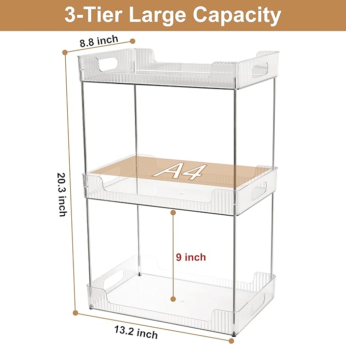 3 Tier Bathroom Counter Organizer, Multi-Purpose Cosmetics Skincare Shelf, Fits A4 Size Makeup Organizer for Office and Vanity Tray, Countertop Storage Solution for Kitchen,Bath.(Clear)