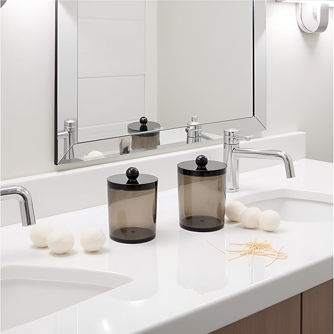 WEISHI 4 Pack Qtip Holder Dispenser - Cotton Ball, Swab, Round Pads, Floss , Small Plastic Apothecary Jar Containers with Lids for Bathroom Storage and Organization, Vanity Organizer ( Black )