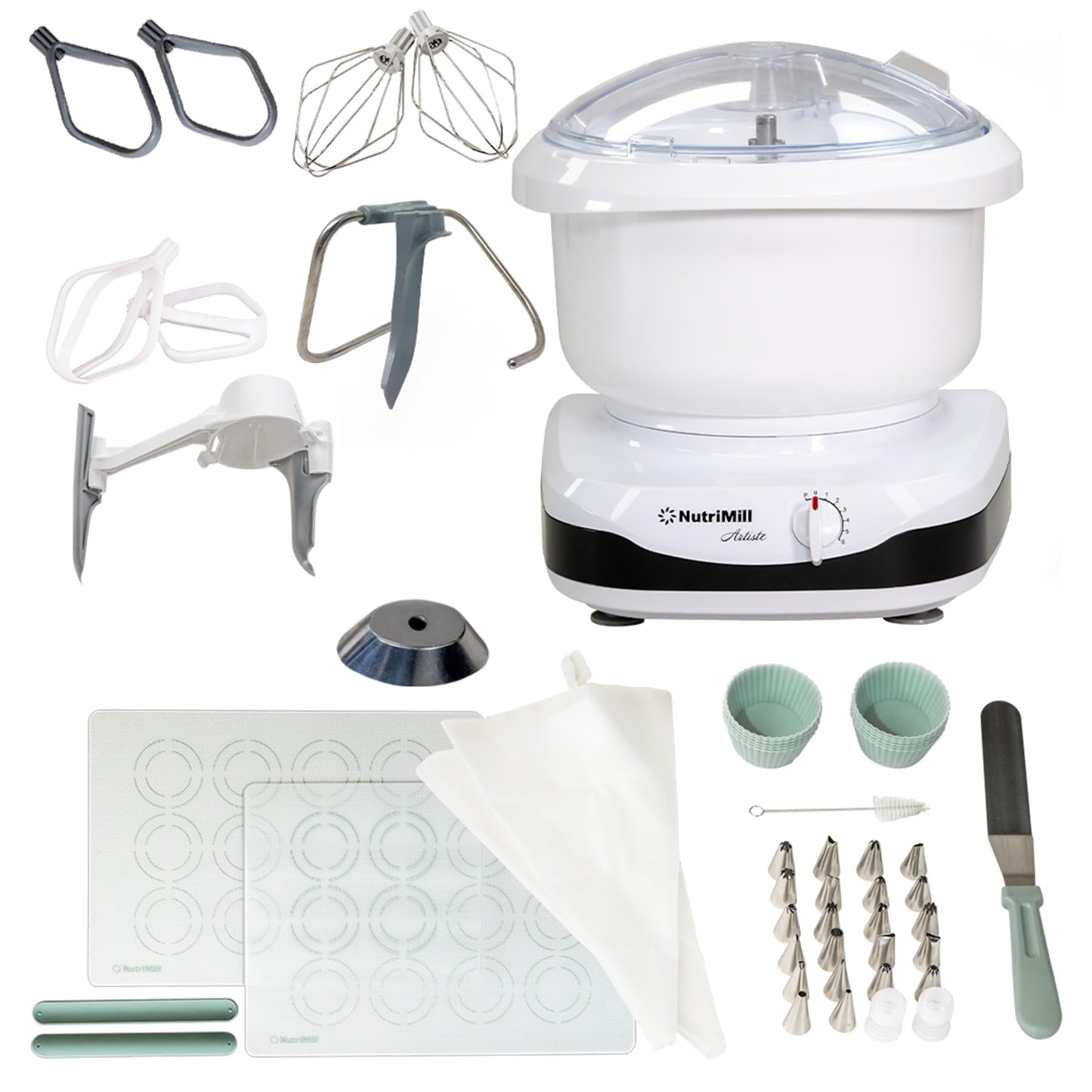 NutriMill Artiste Kitchen Electric Stand Mixer 500 Watt 6.5 Quart Bowl with Dough Hook & Wire Whips (Black Trim)