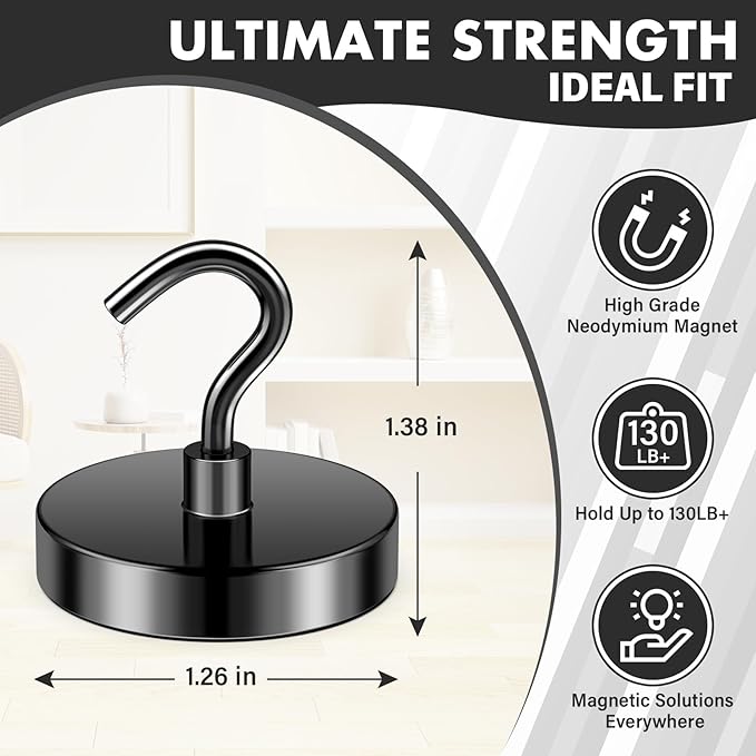 Magnetic Hooks for Cruise Cabins, 130lbs Black Magnetic Hooks for Hanging Mugs, Strong Magnets Heavy Duty for Classroom Decor, Grill, Home, Office, Fridge, Beach Vacation Essentials, 8 Pack