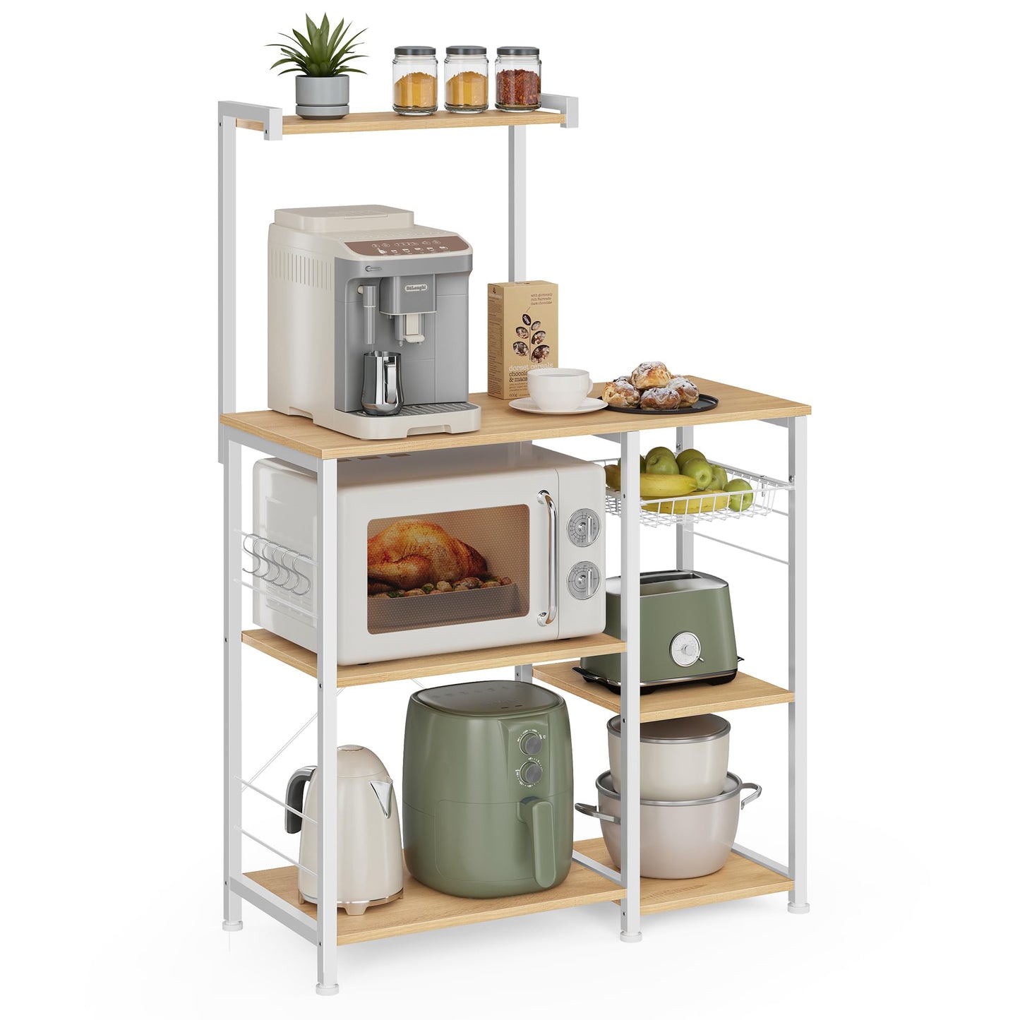 VASAGLE Baker's Rack, 35.4 Inches Microwave Stand with Wire Basket, 8 Hooks