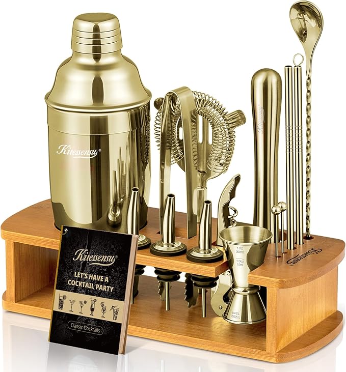 KITESSENSU Cocktail Shaker Set Bartender Kit, 6-Piece Silver Bar Set with Stand, Bar kit with Essential Bar Accessory Tools: Martini Shaker, Jigger, Strainer, Bar Spoon, Tongs, Opener