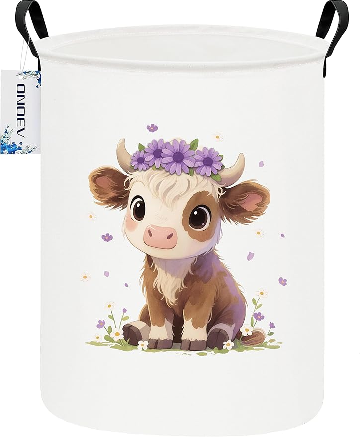 Round waterproof laundry basket,laundry Hampers with handle,gift basket,suitable for children's room and toy storage (Cute calf)