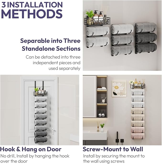 SWTYMIKI Hanging Towel Racks for Bathroom - 9 Tier Over The Door & Wall Mounted Bath Rolled Towel Storage Organizer Holder for Small Bathroom, RV, Camper, Black (Patented)