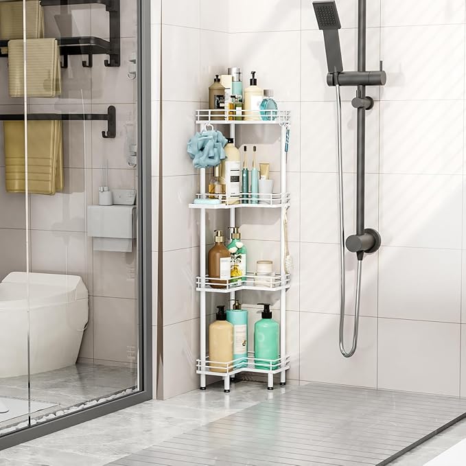 HapiRm Corner Shower Caddy Organizer - 4 Tier Shower Shelf Corner with Soap Holder, Rustproof Bathroom Standing Organizer with 4 Hooks, White