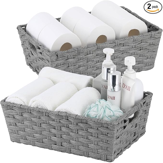 Large Wicker Storage Basket, Metal Frame, Set of 2, Washable Waterproof, 15" x 10.3" x 5.2", Grey Color, Woven Basket for Pantry, Toilet, Bathroom, Bedroom, Patio