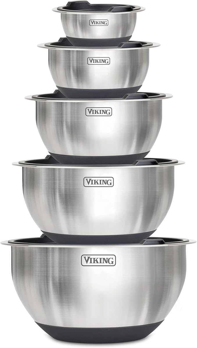 Viking Mixing Bowls Set, 10 Piece Stainless Steel Kitchen Cookware, Non-Slip Silicone Base, Includes Tight Fit Lids, Dishwasher Safe, Blue