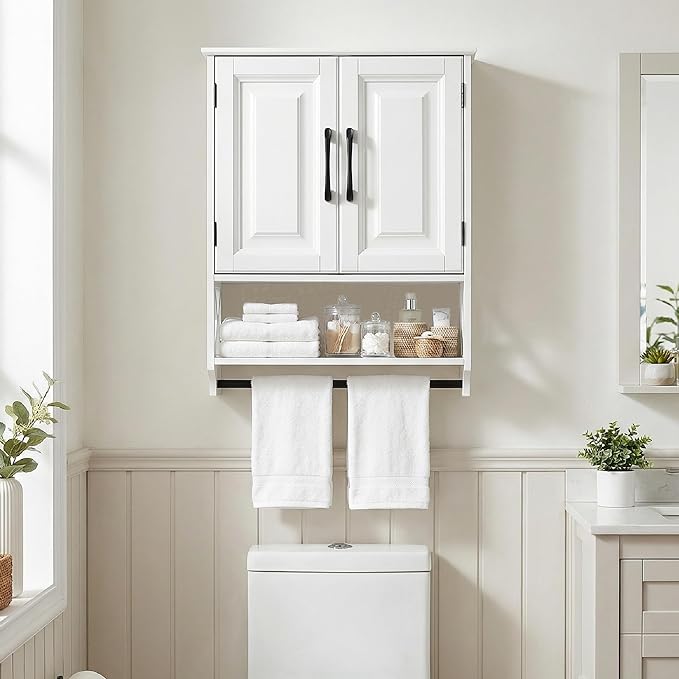 Wall Mounted Bathroom Cabinet, Farmhouse Medicine Cabinet with 2 Elegant Raised Panel Cabinet Doors, with Adjustable Shelf & Towel Bar – Over Toilet Storage Organizer for Small Spaces, White