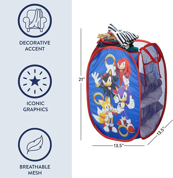 Sonic the Hedgehog Pop Up Hamper with Durable Carry Handles for Laundry, Nursery, Storage, 21'' H x 13.5'' W X 13.5'' L