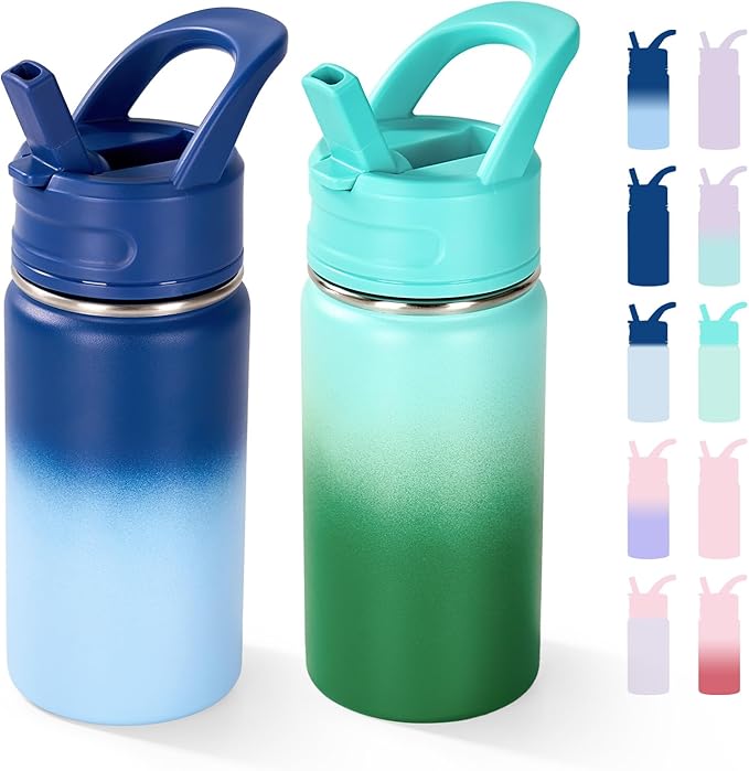 12oz Kids Water Bottle for School, Toddler Bottles with Straws, Stainless Steel Vacuum Insulated Water Bottle for Boys&Girls, Leak-Proof, BPA-Free, Nature Couple