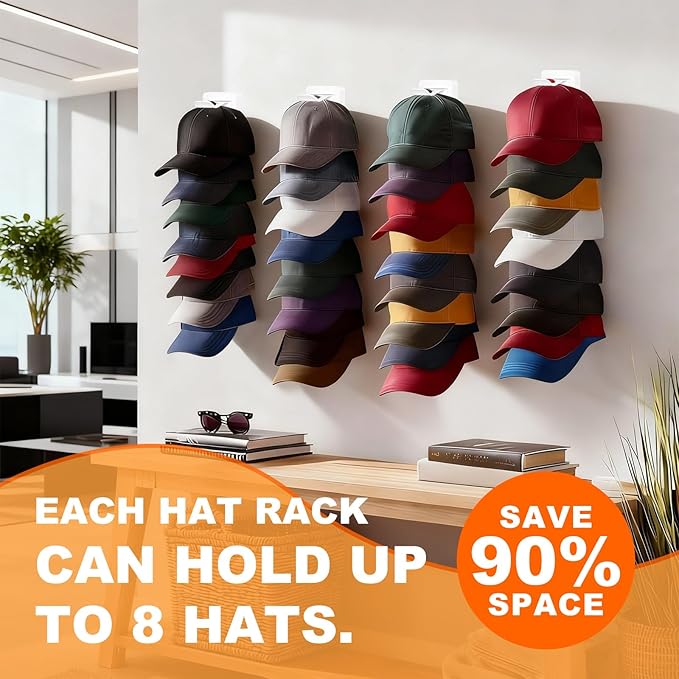 2 Pack Hat Organizer for Baseball Caps, Hat Rack for Wall Hold Up 16 Hats, Strong Adhesive & Screw-in Cap Holder hat hangers for Closet Door & Bedroom (White-2Pcak)