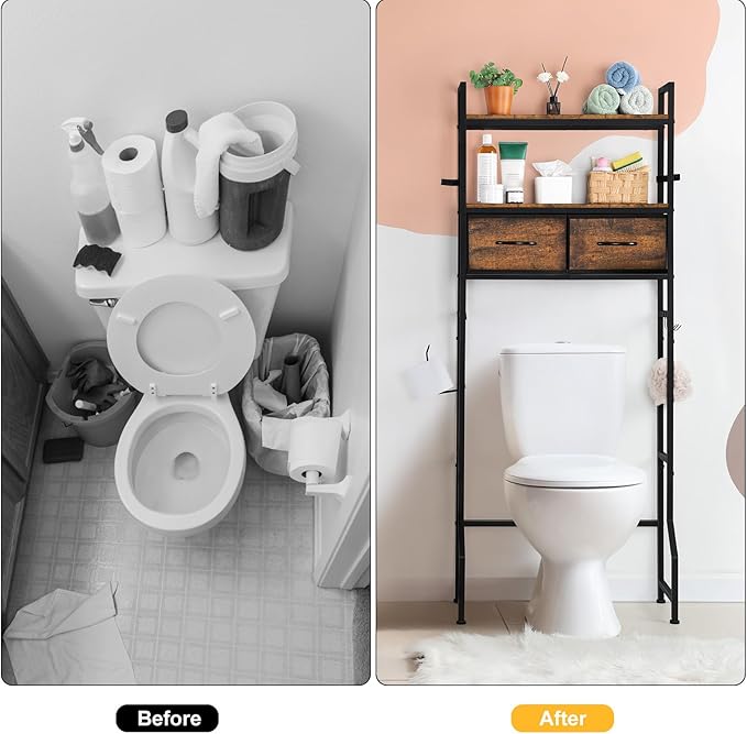 YBING Over The Toilet Bathroom Storage Cabinet for Freestanding, Above Toilet Shelf with Fabric Drawer, Tall Bathroom Shelf Organizer with Toilet Paper Holder, Brown