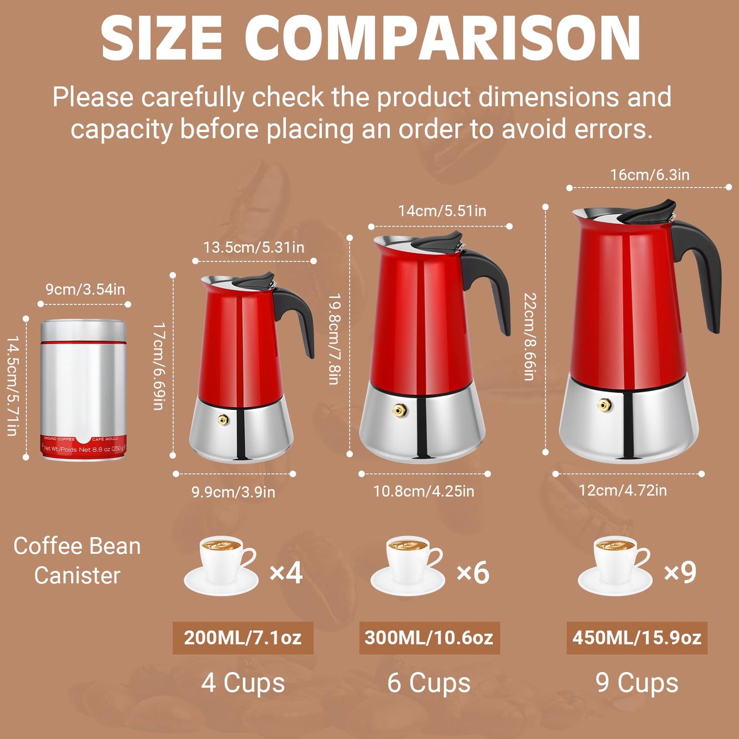 Suiitat 4 Cup Stainless Steel Moka Pot, 200ml Stovetop Espresso Maker, Red