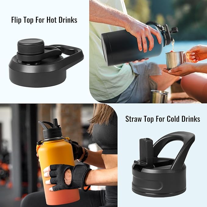Gallon Water Bottle with 2 Lids (Straw & Spout), 304 Stainless Steel Water Jug with Handle and Wide Mouth, 1 Gallon Vacuum Double Walled Jug for Sports, Outdoors, Yellow&Orange 128 oz