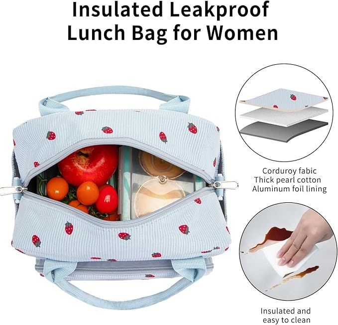 Lunch Bag Women Lunch Box for Women Adult Cute Insulated Lunch Bag Lager Cooler Lunch Tote Bags for Work Picnic (Blue-Strawberry)