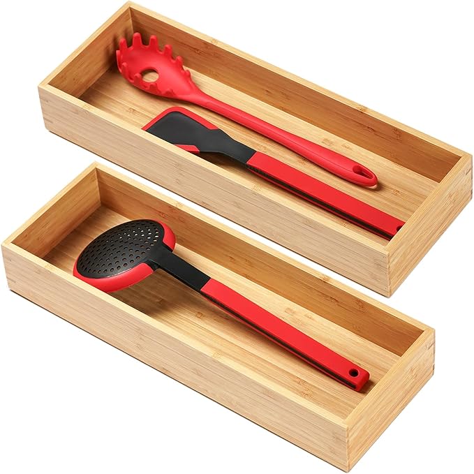 Umilife Bamboo Kitchen Utensils Organizer, Extra High Silverware Drawer Holder, Flatware Cutlery Storage Box, Multi-Use Drawer Divider in Office, Bathroom, Pantry - 12"x6"x2.5" (Set of 2)
