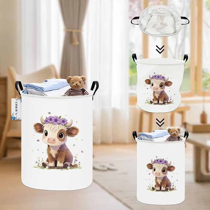 Round waterproof laundry basket,laundry Hampers with handle,gift basket,suitable for children's room and toy storage (Cute calf)