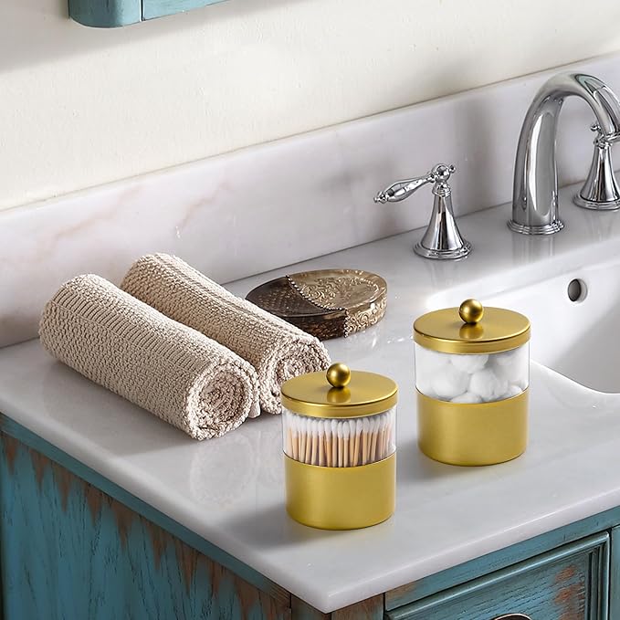 Gaussra Gold Qtip Holder, Apothecary Jars - Stainless Steel Bathroom Jar with Stickers - Farmhouse Decor Qtip Dispenser for Qtips, Cotton Balls, Swabs, Makeup Sponges (2-Pack)