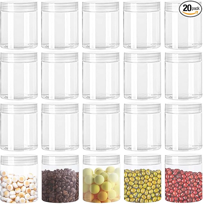 20 Pack 4oz Clear Plastic Jars with Lids,115ml Wide-Mouth Refillable Storage Containers,Empty Round Containers for Candy,Beads,Lotion,Slime Making and Food Storage