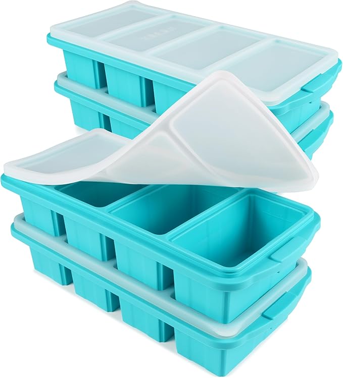 Ztomine Silicone Freezer Tray With Lid - Silicone Freezer Food Molds- Large Ice Cube Tray,Silicone Freezer Container,Freeze & Store Soup, Sauce, Broth,Leftovers - Makes 4 Perfect 1 Cup