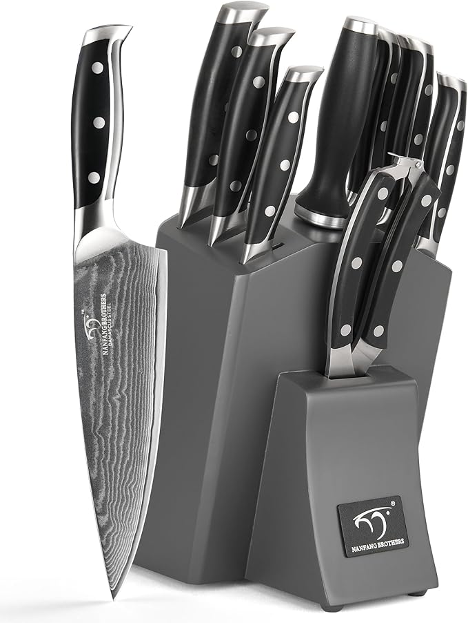 Damascus Kitchen Knife Set with Block, 9-Piece 67-Layer VG10 Damascus Steel Knife Set with Triple-Rivet Handles, Chef, Santoku, Utility, Bread & Paring Knives, Sharpener, Shears, Black