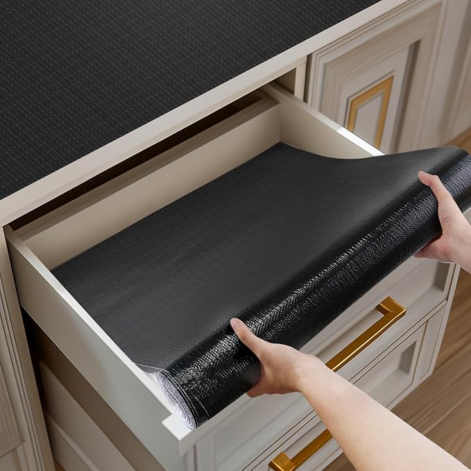 Shelf and Drawer Liner for Kitchen Cabinets Non-Adhesive, Strong Grip Non-Slip Thickened Cabinet Liners for Shelves, Waterproof Mats for Dresser Cupboard, Black, 17 in x 20 Feet