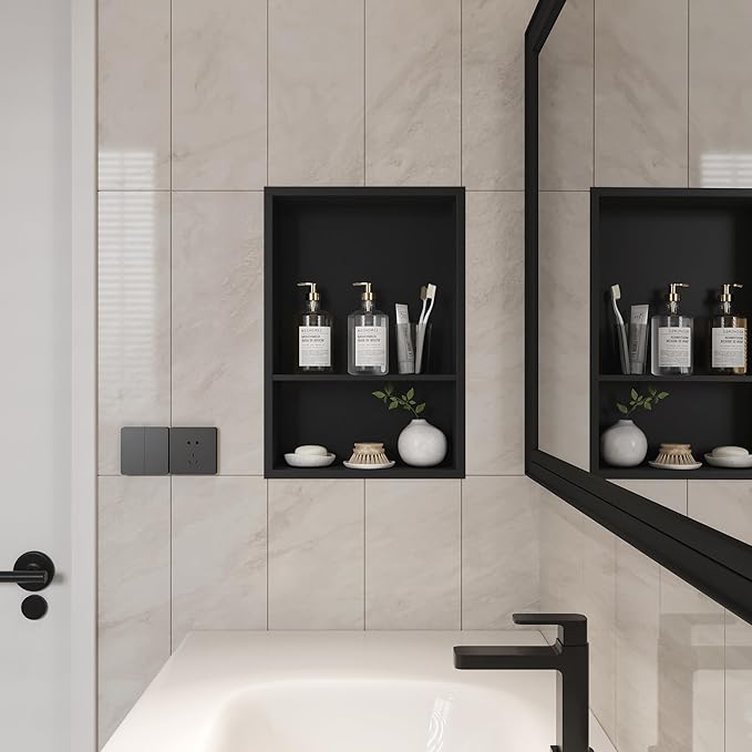 Neodrain 12X18 Inch Matte Black Double Shelf Stainless Steel Shower Niche, No Tile Needed Bathroom Organizer, Two Layer Recessed Built-in Wall Niche