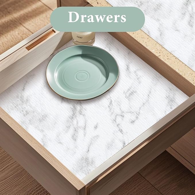 Drawer and Shelf Liner for Kitchen Cabinet: 12 in X 30 Ft Non Slip Waterproof Shelf Paper Non Adhesive Refrigerator Liners White Marble Easy Liners for Bathroom Cupboard with Knife Tape Measure