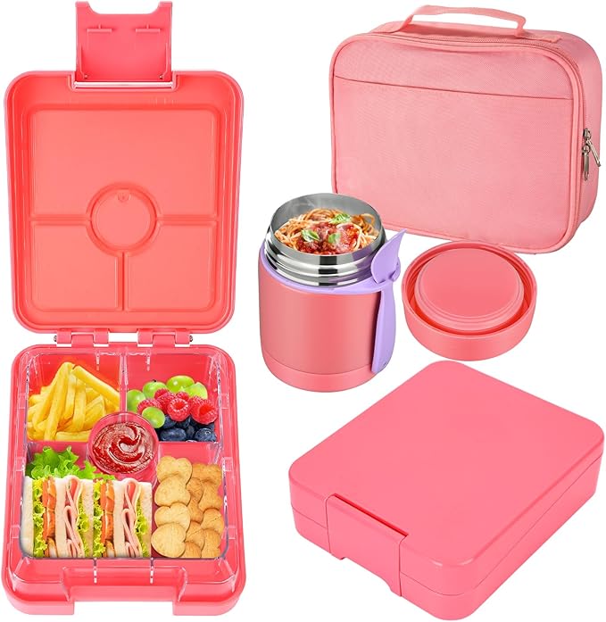 Bento Lunch Box Set for Kids with 10oz Soup Thermo, Leak-Proof Lunch Containers with 4 Compartment, Kids Thermo Hot Food Jar and Insulated Lunch Bag for Kid to School,BPA-Free(Dragon)