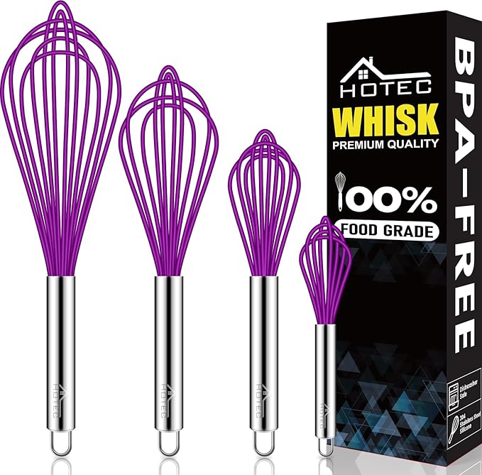 HOTEC 4 Pieces Silicone Whisks Set, Wire Balloon Whisks for cooking Egg Beater, Non-slip Handle Whisk for Non-stick Cookware Perfect for Cooking, Stirring, Beating and Blending,Multicolor