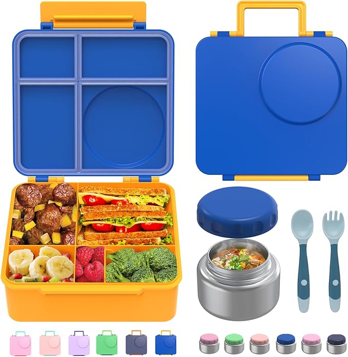 JoyYum Bento Box for Kids - Leak-Proof Bento Lunch Box with Insulated Thermo Food Jar - 4 Compartments, 1 Removable Divider, 1 Spoon, 1 Fork - Dishwasher Safe, BPA-Free (Light pink)