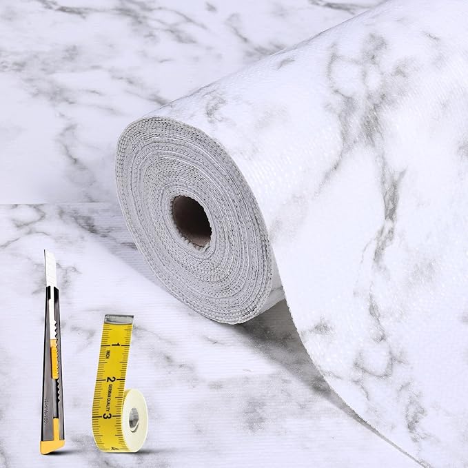 Drawer and Shelf Liner for Kitchen Cabinet: 23.6 in X 20 Ft Non Slip Waterproof Shelf Paper Non Adhesive Refrigerator Liners White Marble Easy Liners for Bathroom with Knife Tape Measure