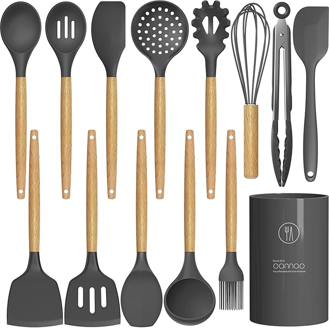 oannao Silicone Cooking Utensils Set Utensil Sets - 446°F Heat Resistant Silicone Kitchen Utensils Set Wooden Handles, Silicone Utensils for Cooking w Holder for Non-Stick Cookware BPA FREE (Black)