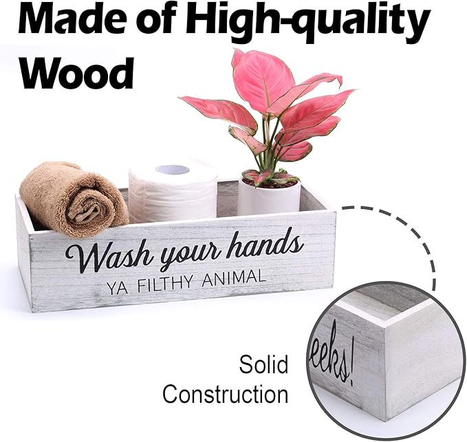 Bathroom Decor Box, Toilet Paper Basket With 2 Sides Signs, Farmhouse Tank Topper, Rustic Home Decor for Livingroom Kitchen (One Whitewashed Box)