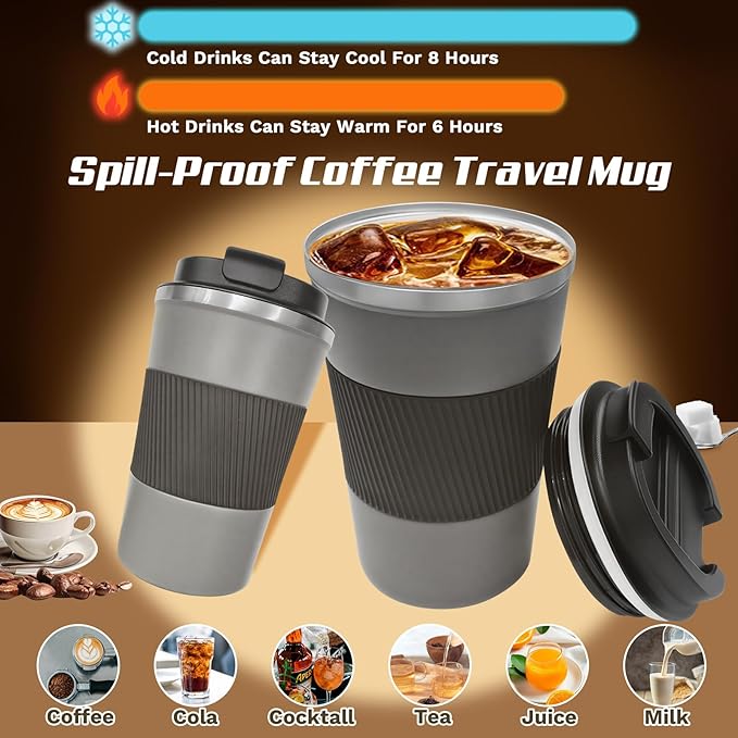 Vacuum-Insulated Stainless Steel Travel Coffee Mug, Leak-Proof Reusable Coffee Cup with Lid-Keeps Drinks Hot & Cold for Hours, Durable Double Wall Tumbler for Men & Women (3rd-Grey, 12OZ)