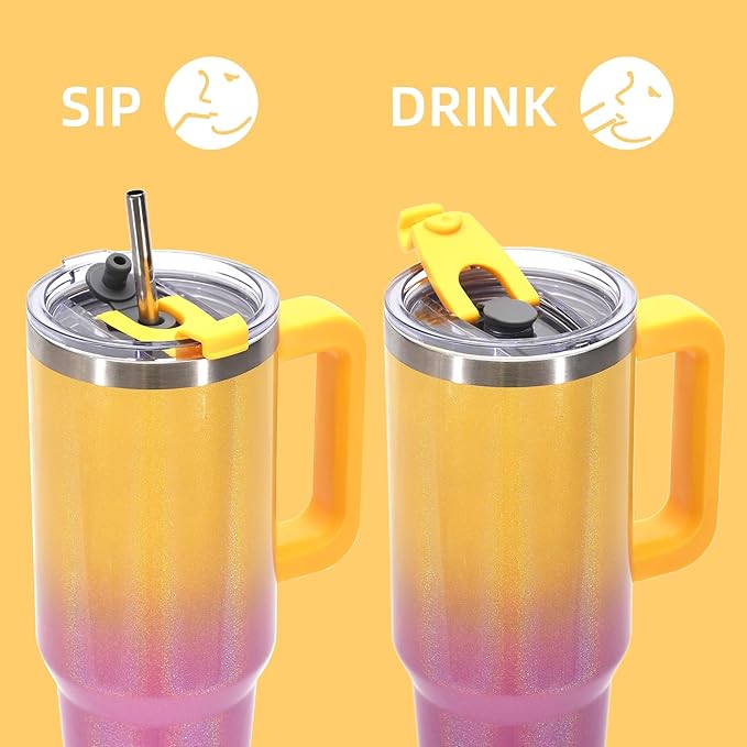 40 oz Shiny Tumbler with Handle and Straw,Stainless Steel Tumbler with Lid and Straw,Insulated Travel Mug(Cold for 34 Hours),Water Bottle for Iced Tea,Coffee (Yellow)
