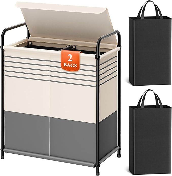 Kitsure Laundry Hamper with Lid - Spacious Double-Section Laundry Basket with Lid & Removable Inner Bags, Portable Clothes Hamper for Bedroom, Bathroom, Dorm, 120L, Gray