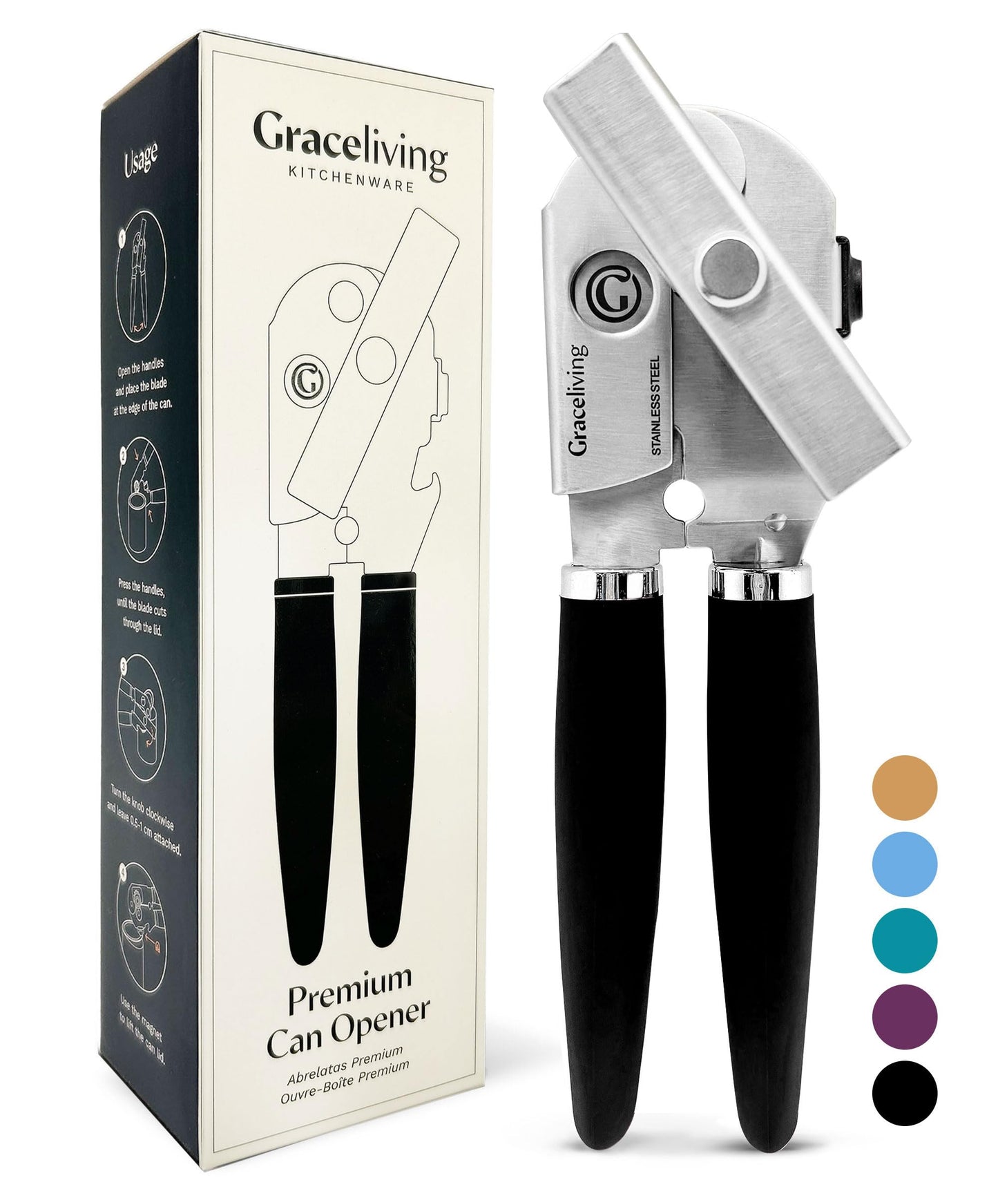 Graceliving Heavy Duty Manual Can Opener with Magnetic Lid Lifter, Orange